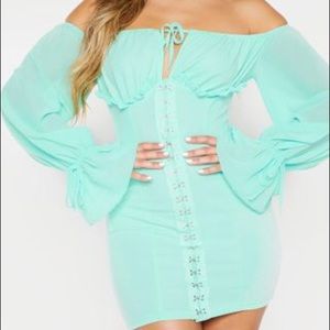 PLT Mint Chiffon Sleeve Hook & Eye Bodycon Dress